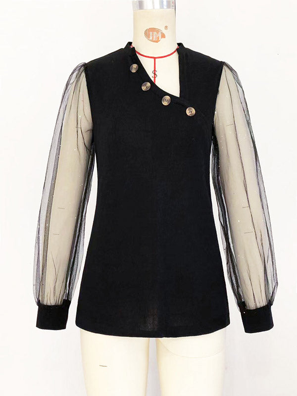 Solid Color Loose Puff Sleeves V-Neck Mesh Blouses&Shirts Tops
