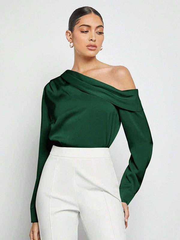 Pleated Solid Color Split-Joint Long Sleeves Skinny One-Shoulder Blouses&Shirts Tops