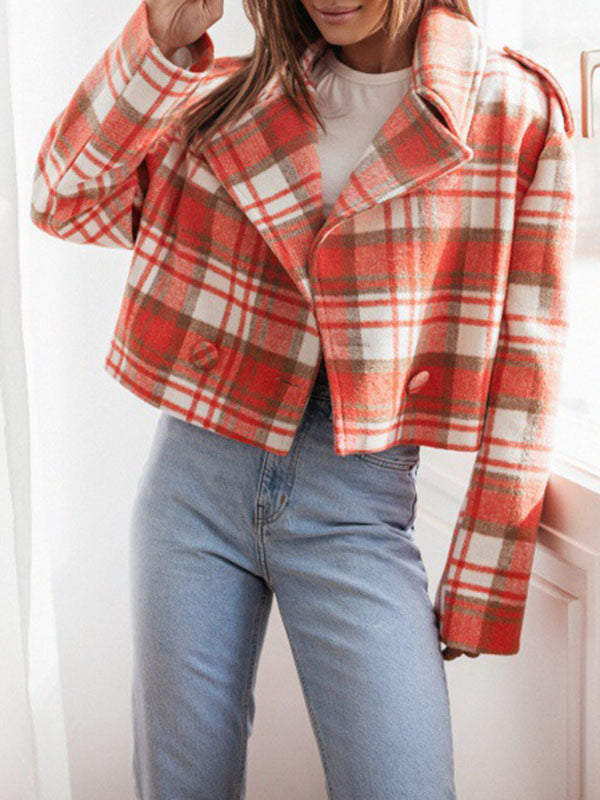 Plaid Split-Joint Long Sleeves Loose Peter Pan Collar Jackets&Coats