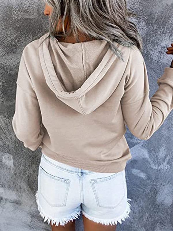 Drawstring Pockets Split-Joint Long Sleeves Loose Hooded Hoodies Tops