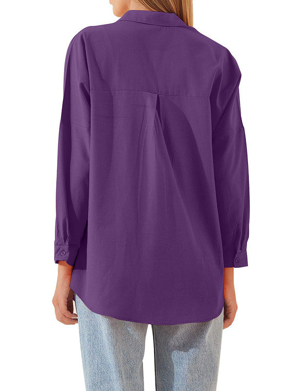 Buttoned Solid Color Long Sleeves Loose Lapel Blouses&Shirts Tops