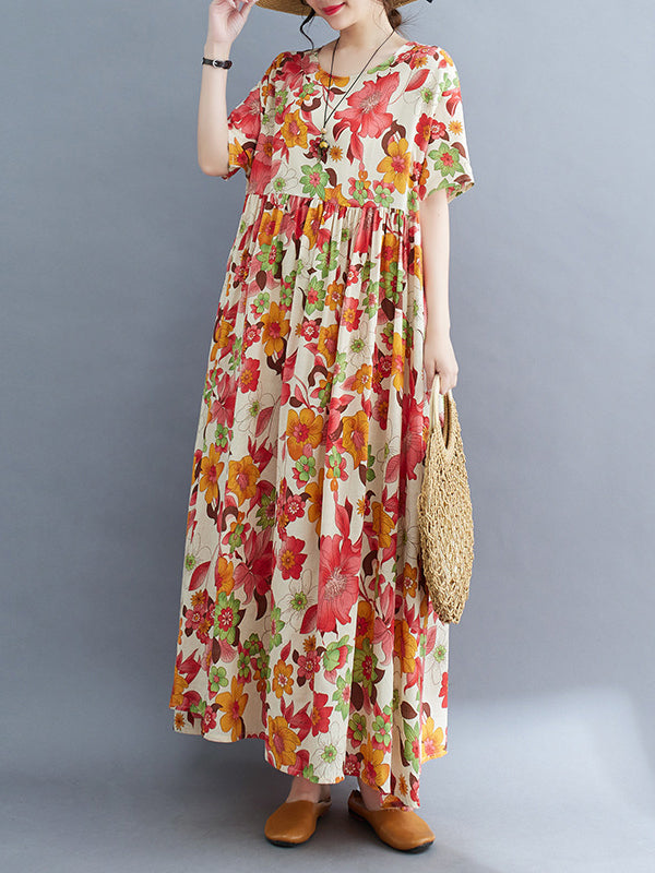 Pleated Printed Split-Joint Loose Short Sleeves Round-Neck Midi Dresses