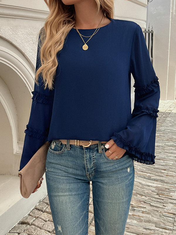 Solid Color Split-Joint Flared Sleeves Long Sleeves Round-Neck T-Shirts Tops