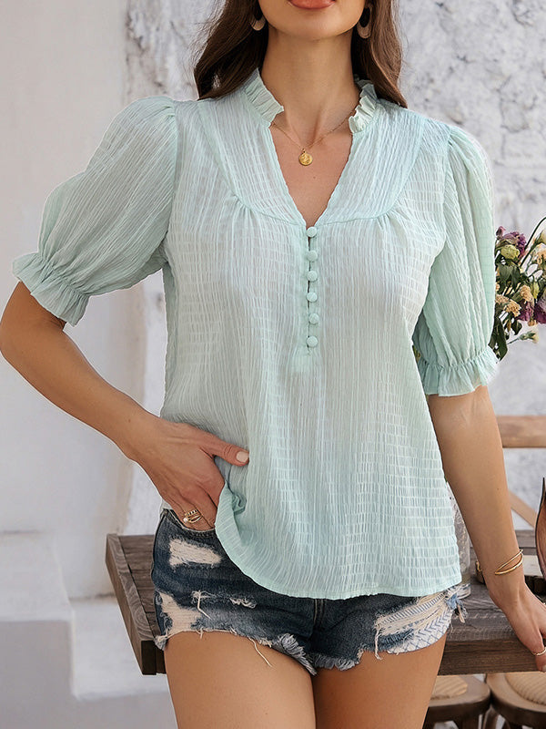 Buttoned Ruffle Trim Solid Color Flared Sleeves Half Sleeves V-neck Blouses&shirts Tops
