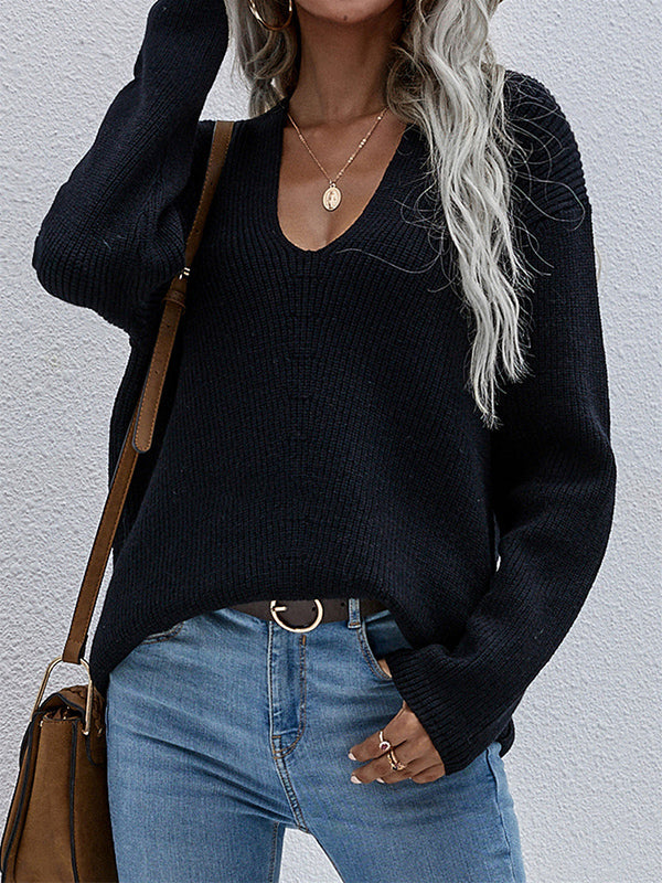 Casual Loose Solid Color V-Neck Sweater Tops