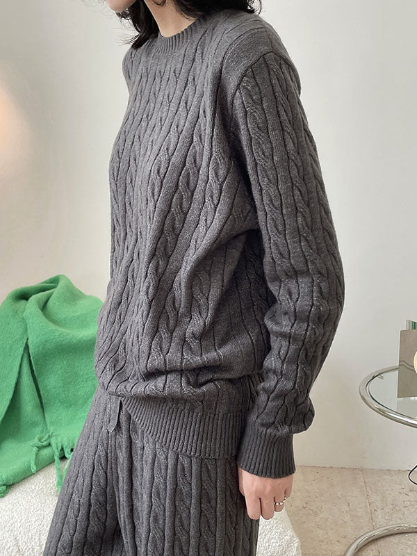 Casual Loose Long Sleeves Jacquard Solid Color Round-Neck Sweater Tops