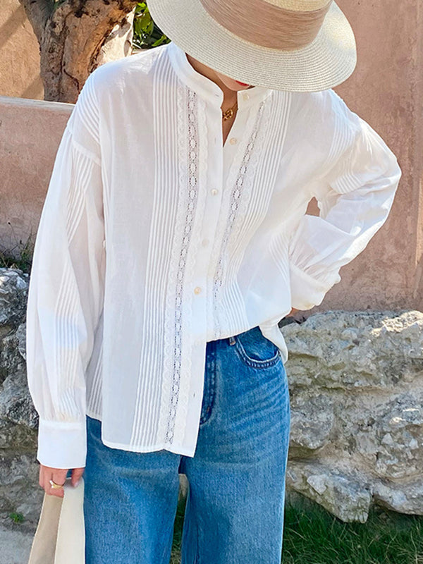 Buttoned Pleated Solid Color Split-Joint Long Sleeves Loose Stand Collar Blouses&Shirts Tops