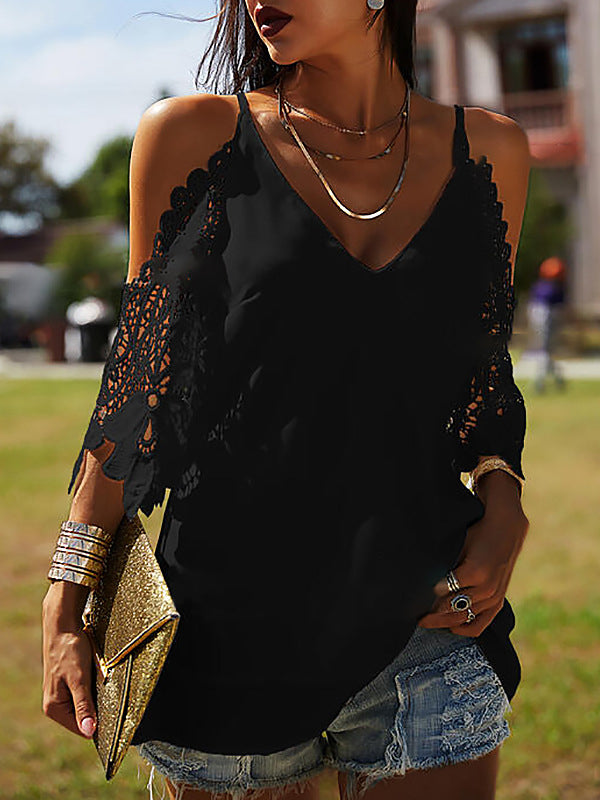 Hollow Solid Color Split-Joint Half Sleeves Loose Cold Shoulder T-Shirts Tops