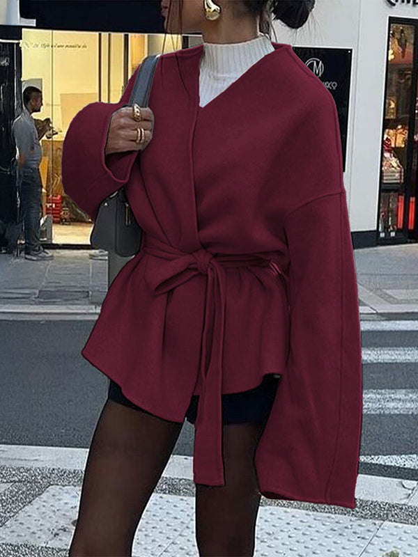 Solid Color Tied Waist Long Sleeves Loose V-Neck Outerwear