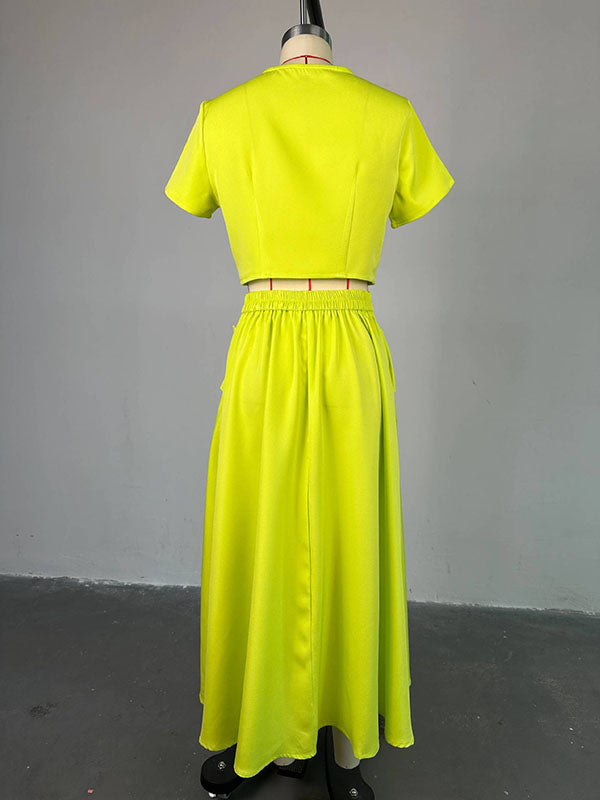 Round-Neck Buttoned Pockets Split-Joint T-shirt Top + A-Line High Waisted Skirts Bottom Two Pieces Set