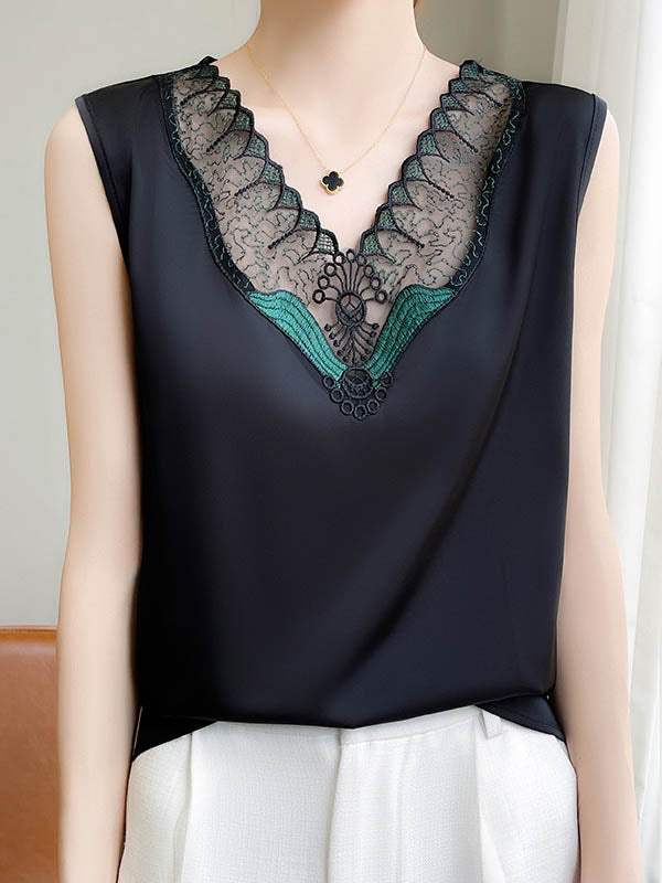 Embroidered Mesh Split-Joint Loose Sleeveless V-Neck Vest Top