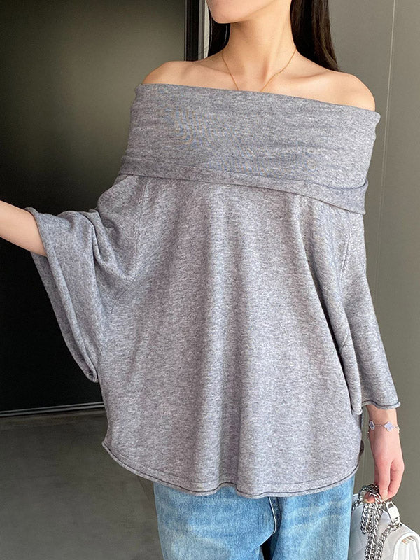 Solid Color Batwing Sleeves Flared Sleeves Off-the-shoulder Knit Top