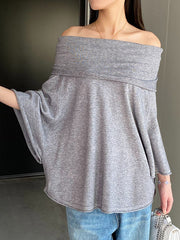 Solid Color Batwing Sleeves Flared Sleeves Off-the-shoulder Knit Top