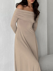 Solid Color High Waisted Long Sleeves Off-The-Shoulder Maxi Dresses