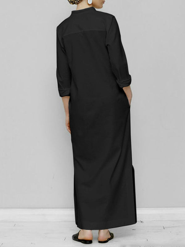 Solid Color Split-Joint Long Sleeves Loose V-Neck Maxi Dresses