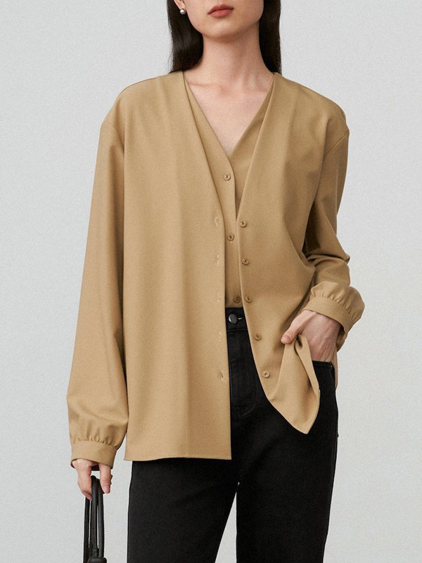 Buttoned Solid Color False Two Long Sleeves V-Neck Blouses&Shirts Tops
