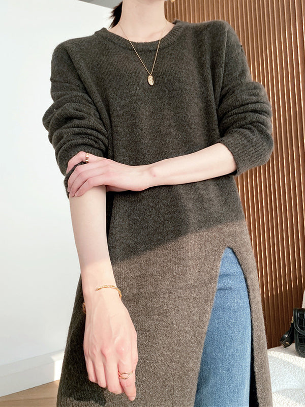 Loose Split-Side Solid Color Round-Neck Knitting Sweater Dresses