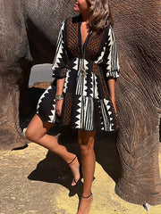 Printed Split-Joint Long Sleeves Loose V-Neck Mini Dresses