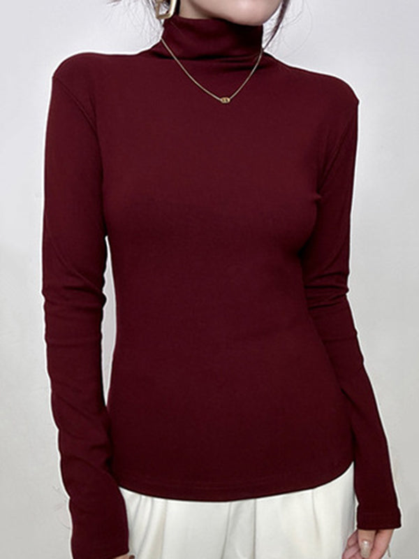 Solid Color Long Sleeves Skinny High Neck T-Shirts Tops