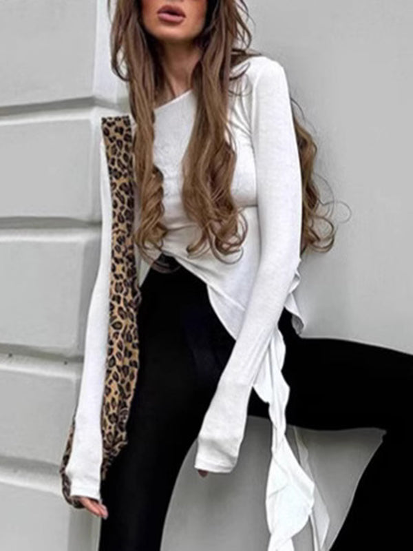 Pleated Solid Color Long Sleeves Skinny Round-Neck T-Shirts Tops
