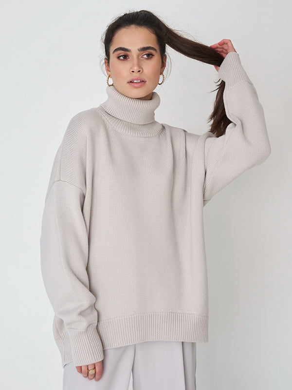 Casual Long Sleeves Loose Solid Color High-Neck Sweater Tops