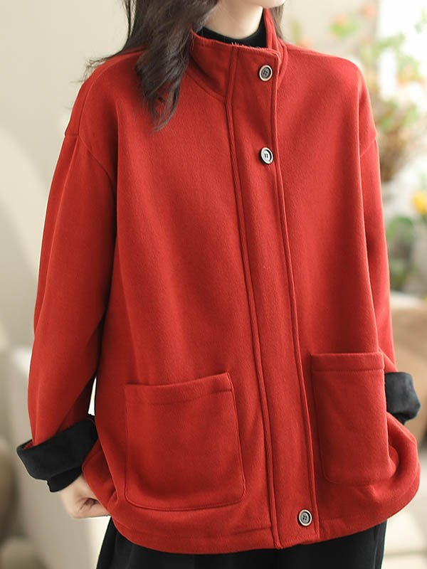 Buttoned Keep Warm Pockets Split-Joint Velvet Zipper Long Sleeves Loose Stand Collar Outerwear