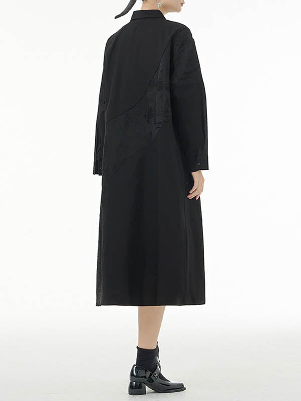 Asymmetric Buttoned Printed A-line Long Sleeves Lapel Shirt Dress Midi Dresses