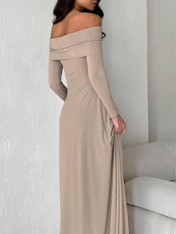 Solid Color High Waisted Long Sleeves Off-The-Shoulder Maxi Dresses