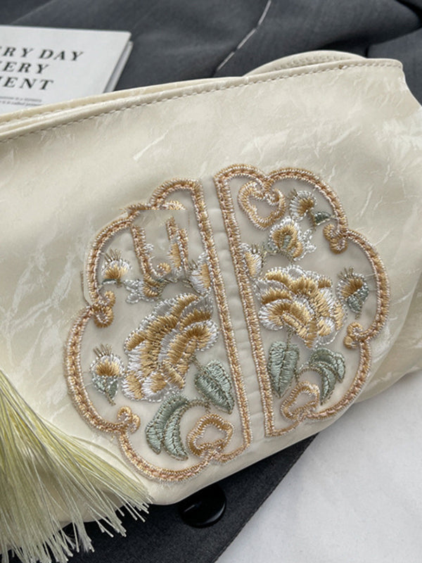 Embroidered Pleated Tasseled Zipper Crossbody Bags