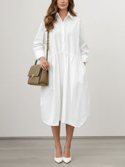 Buttoned Pleated Solid Color Split-Joint Long Sleeves Loose Lapel Midi Dresses