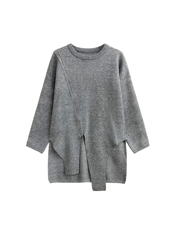Asymmetric Solid Color Zipper High-low Long Sleeves Round-neck Sweater Tops Pullovers