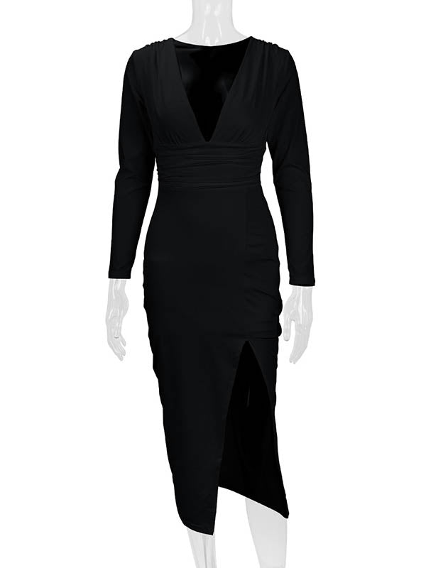 Pleated Solid Color Split-Joint Split-Side Bodycon Elasticated Waist Deep V-Neck Midi Dresses