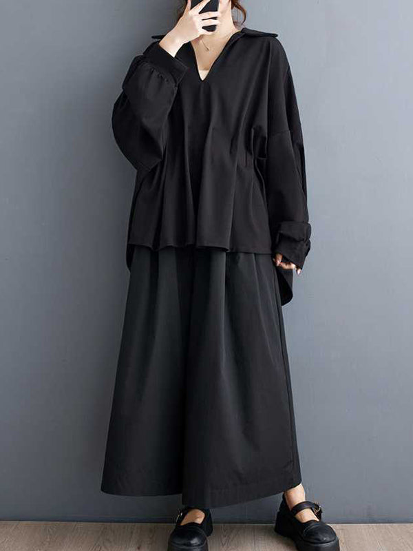 Pleated Solid Color Batwing Sleeves High-Low V-Neck Blouses&Shirts Tops