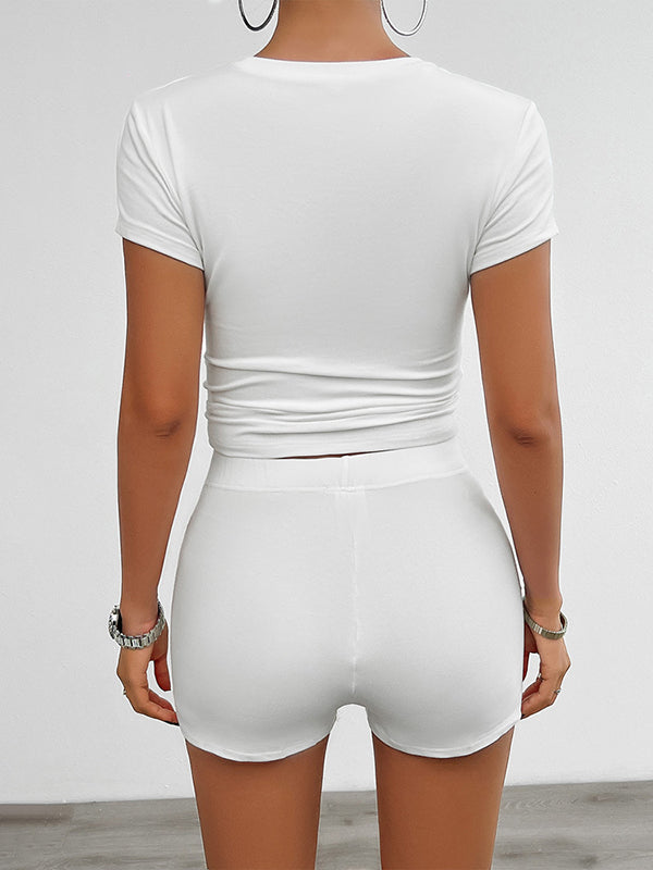 Solid Color Short Sleeves Skinny Round-Neck T-shirt Top + Shorts Bottom Two Pieces Set