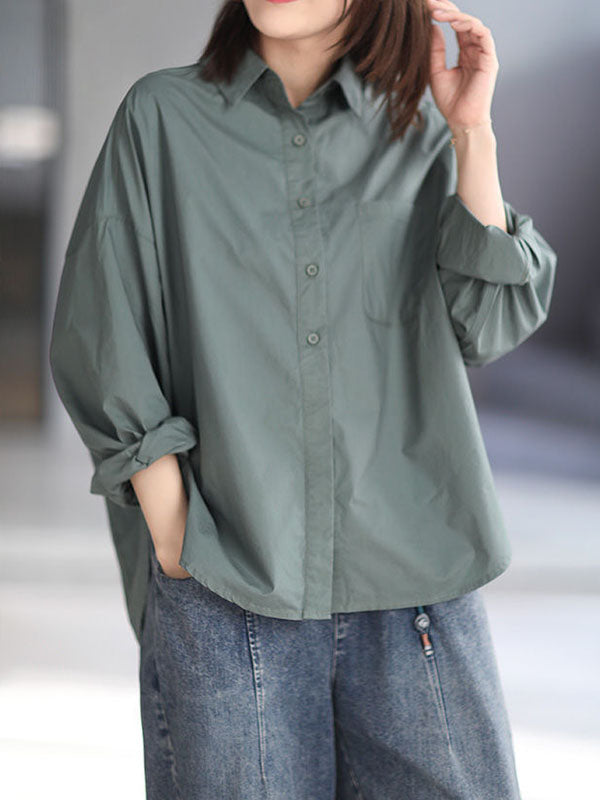 Solid Color High-low Long Sleeves Lapel Blouses&shirts Tops
