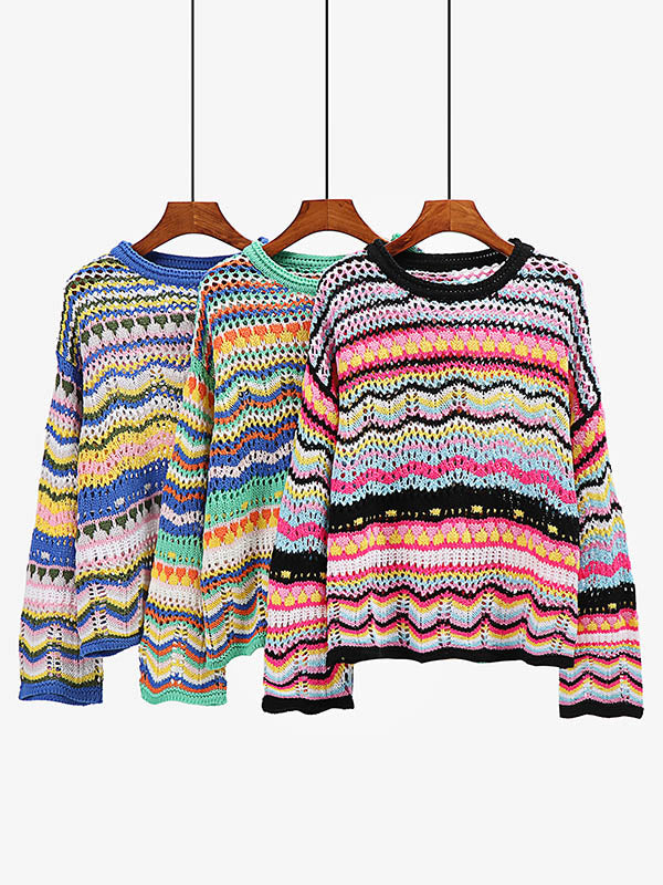 4 Colors Loose Contrast Color Round-Neck Sweater Top