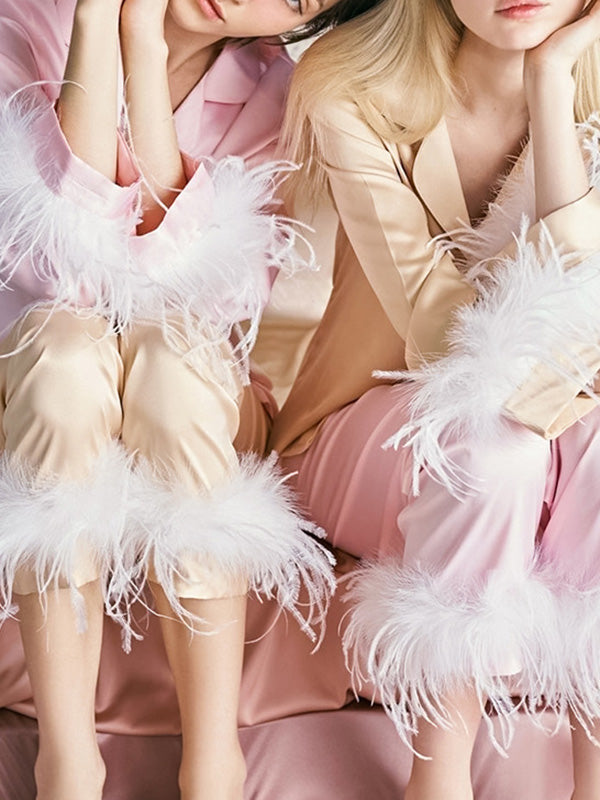 Notched Collar Long Sleeves Buttoned Feathers Split-Joint Shirts Top + Pants Bottom Pajama Sets