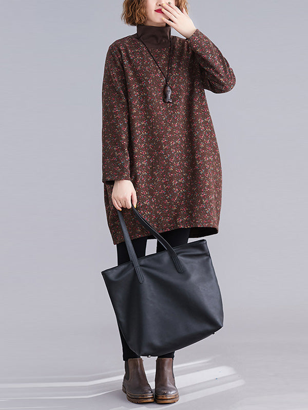 Vintage Loose Long Sleeves Floral Printed High-Neck Mini Dresses