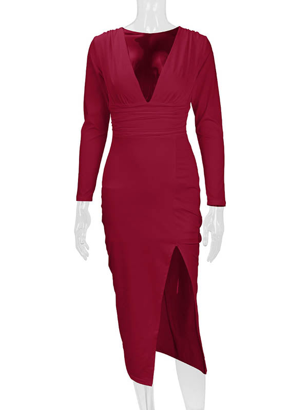Pleated Solid Color Split-Joint Split-Side Bodycon Elasticated Waist Deep V-Neck Midi Dresses