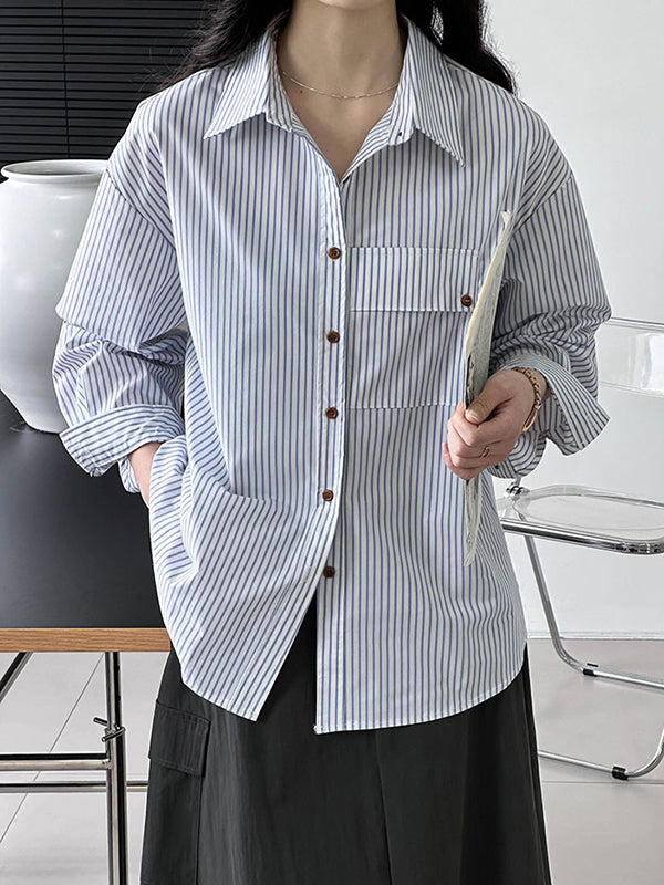 Buttoned Pockets Striped Long Sleeves Loose Lapel Blouses&Shirts Tops