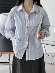 Buttoned Pockets Striped Long Sleeves Loose Lapel Blouses&Shirts Tops