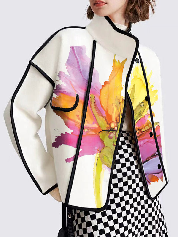 Buttoned Flower Print Pockets Split-Joint Long Sleeves Loose Stand Collar Outerwear