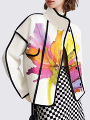 Buttoned Flower Print Pockets Split-Joint Long Sleeves Loose Stand Collar Outerwear