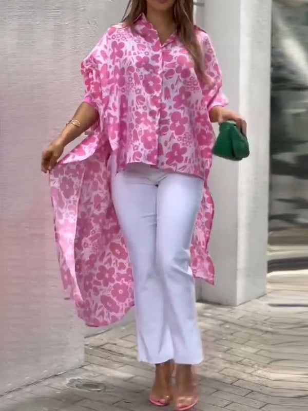 Half Sleeves High-Low Buttoned Flower Print Split-Side Lapel Blouses&Shirts Tops