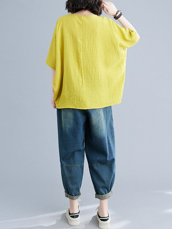 Solid Color Split-Joint Batwing Sleeves Loose Round-neck T-Shirts Tops