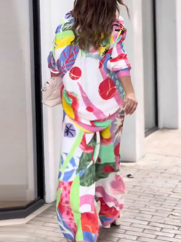 Contrast Color Printed Lapel Long Sleeves Buttoned Blouses Top+ High Waisted Pants Bottom Two Pieces Set