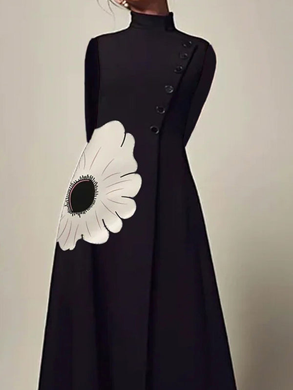 Flower Print A-Line Long Sleeves High Neck Midi Dresses