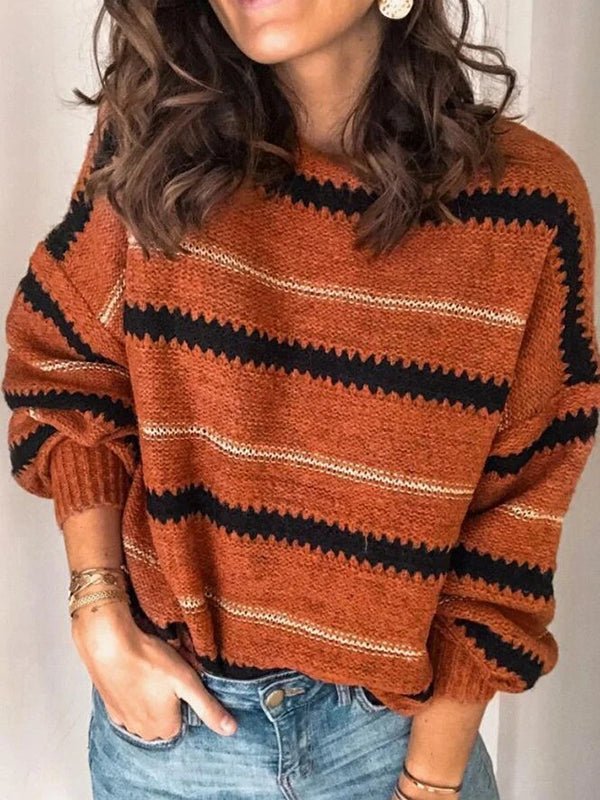 Striped Long Sleeves Loose Round-Neck Sweater Tops Pullovers Knitwear