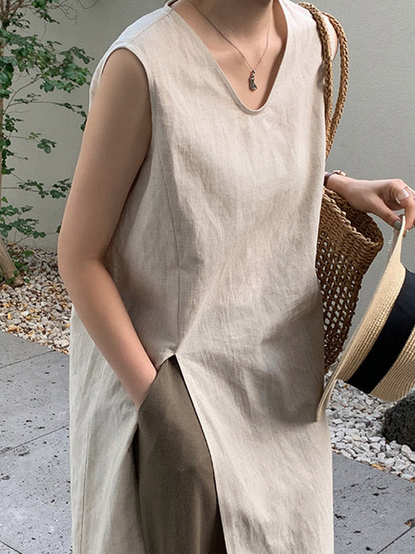 Solid Color Split-side Loose Sleeveless V-neck Vest Top