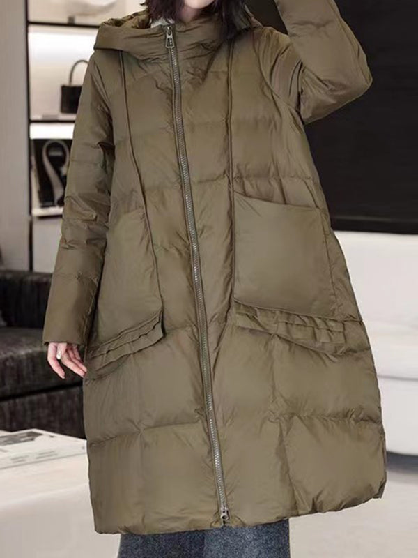 Pockets Solid Color Split-Joint Long Sleeves Loose Hooded Down Coat